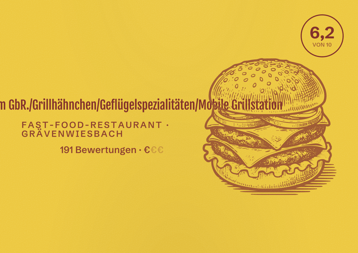 Illustriertes Poster von Running Farm GbR./Grillhähnchen/Geflügelspezialitäten/Mobile Grillstation, Fast-Food-Restaurant in Grävenwiesbach: Bewertung 6,2 von 10 aus 191 Bewertungen, Preisniveau €