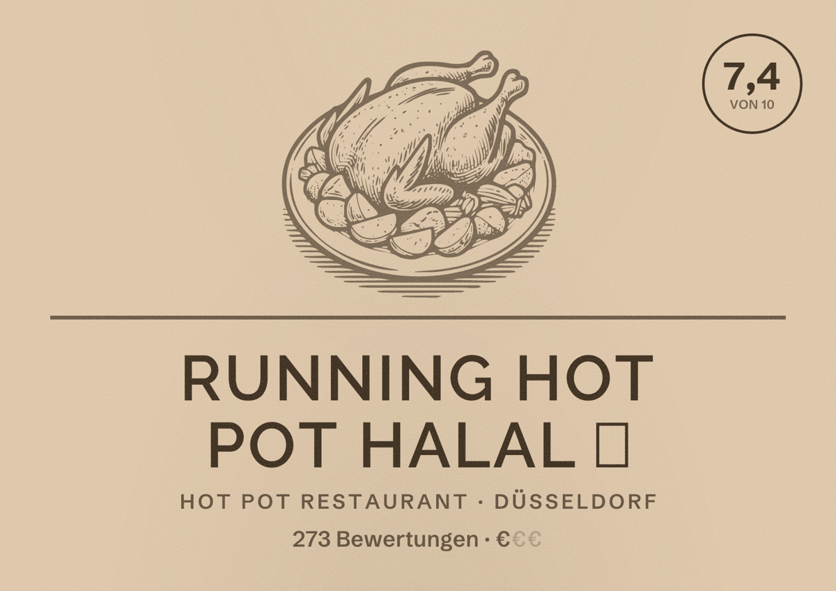 Illustriertes Poster von Running Hot pot Halal ‎, Hot Pot Restaurant in Düsseldorf: Bewertung 7,4 von 10 aus 273 Bewertungen, Preisniveau €
