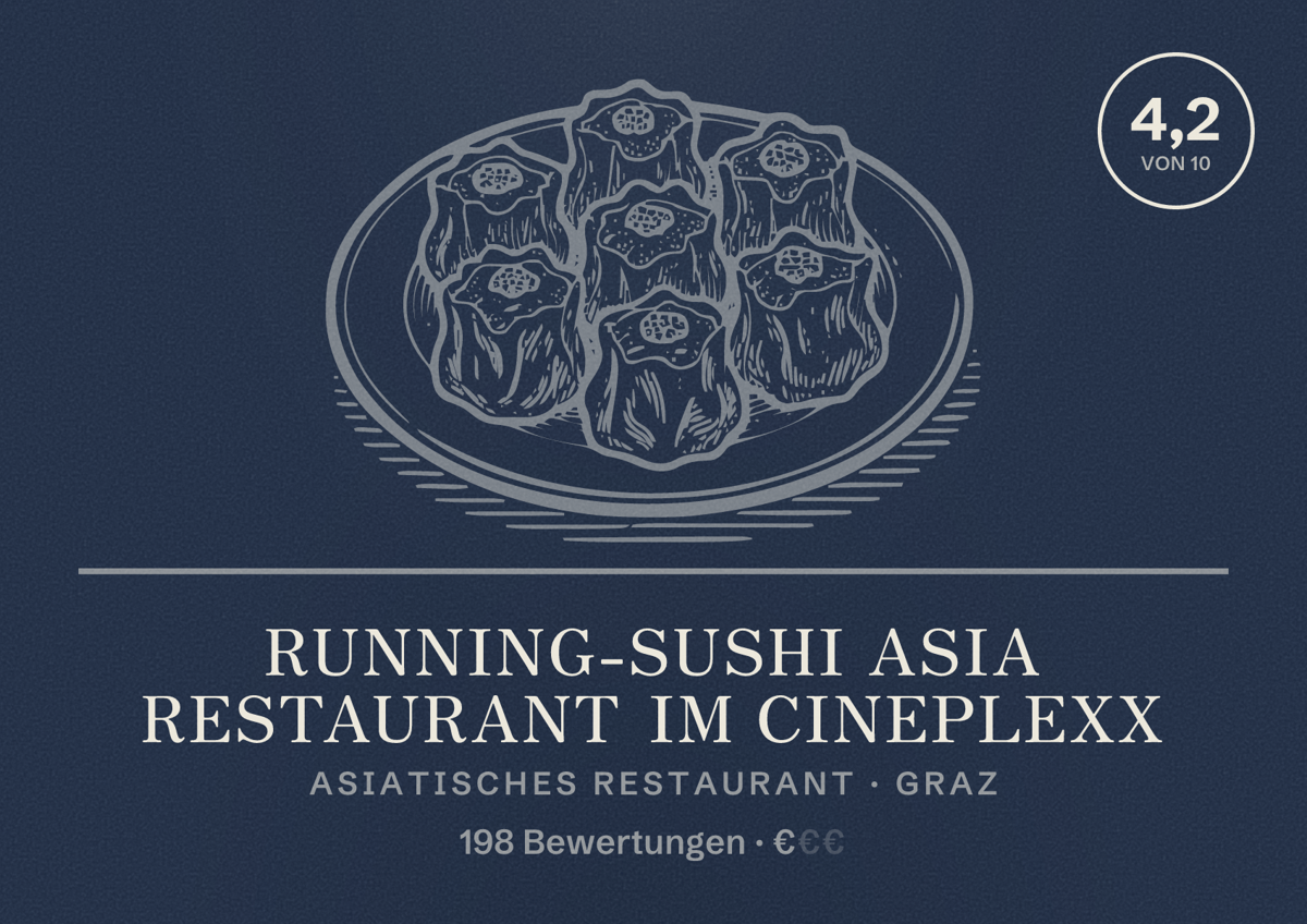Illustriertes Poster von Running-Sushi asia restaurant im Cineplexx, Asiatisches Restaurant in Graz: Bewertung 4,2 von 10 aus 198 Bewertungen, Preisniveau €