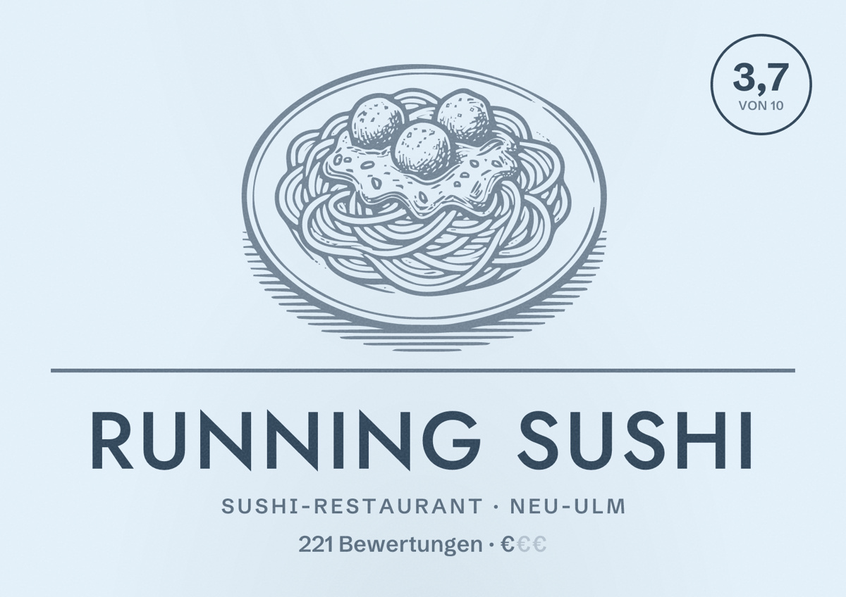 Illustriertes Poster von Running Sushi, Sushi-Restaurant in Neu-Ulm: Bewertung 3,7 von 10 aus 221 Bewertungen, Preisniveau €