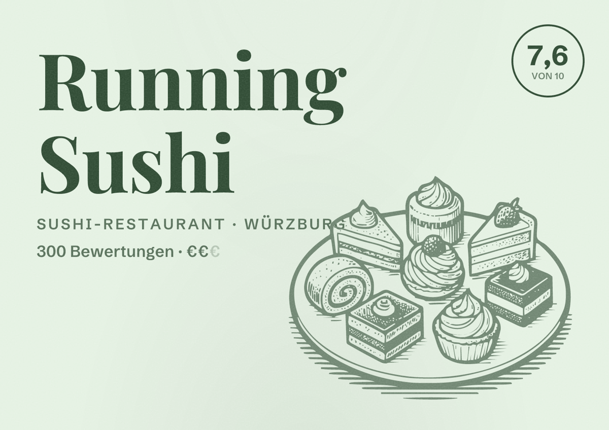 Illustriertes Poster von Running Sushi, Sushi-Restaurant in Würzburg: Bewertung 7,6 von 10 aus 300 Bewertungen, Preisniveau €€