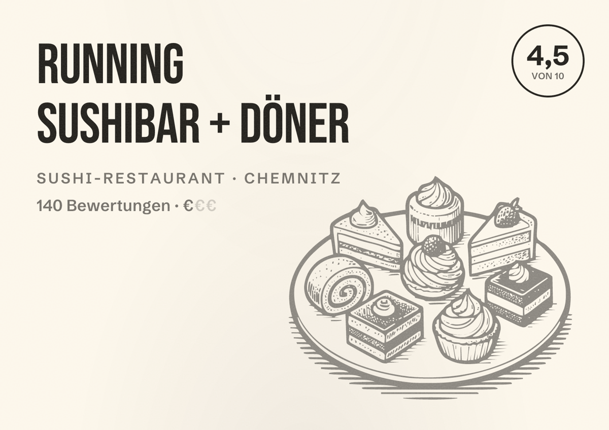 Illustriertes Poster von Running Sushibar + Döner, Sushi-Restaurant in Chemnitz: Bewertung 4,5 von 10 aus 140 Bewertungen, Preisniveau €