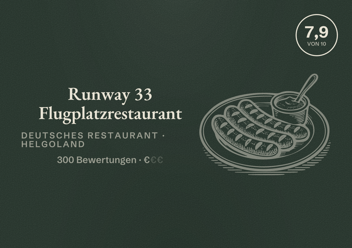Illustriertes Poster von Runway 33 Flugplatzrestaurant, Deutsches Restaurant in Helgoland: Bewertung 7,9 von 10 aus 300 Bewertungen, Preisniveau €