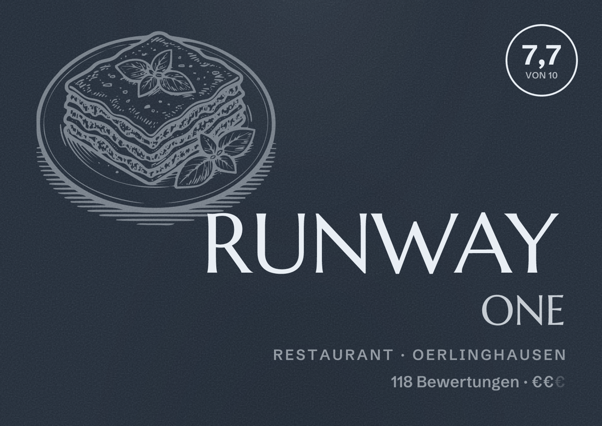 Illustriertes Poster von RUNWAY ONE, Restaurant in Oerlinghausen: Bewertung 7,7 von 10 aus 118 Bewertungen, Preisniveau €€