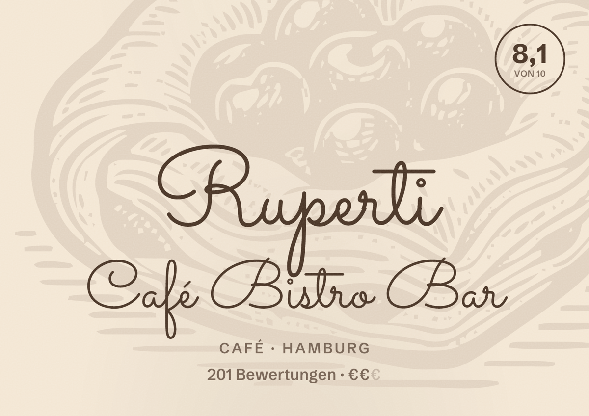Illustriertes Poster von Ruperti Café Bistro Bar, Café in Hamburg: Bewertung 8,1 von 10 aus 201 Bewertungen, Preisniveau €€