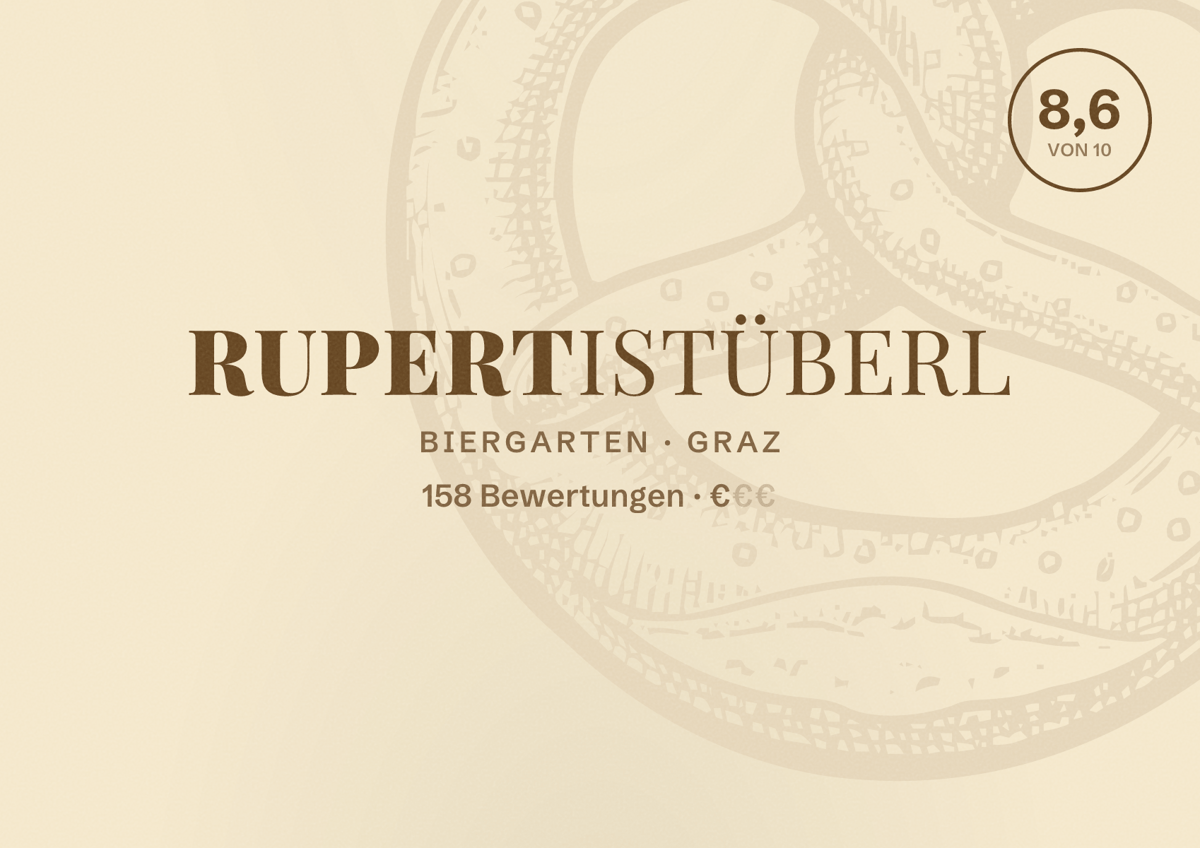 Illustriertes Poster von Rupertistüberl, Biergarten in Graz: Bewertung 8,6 von 10 aus 158 Bewertungen, Preisniveau €