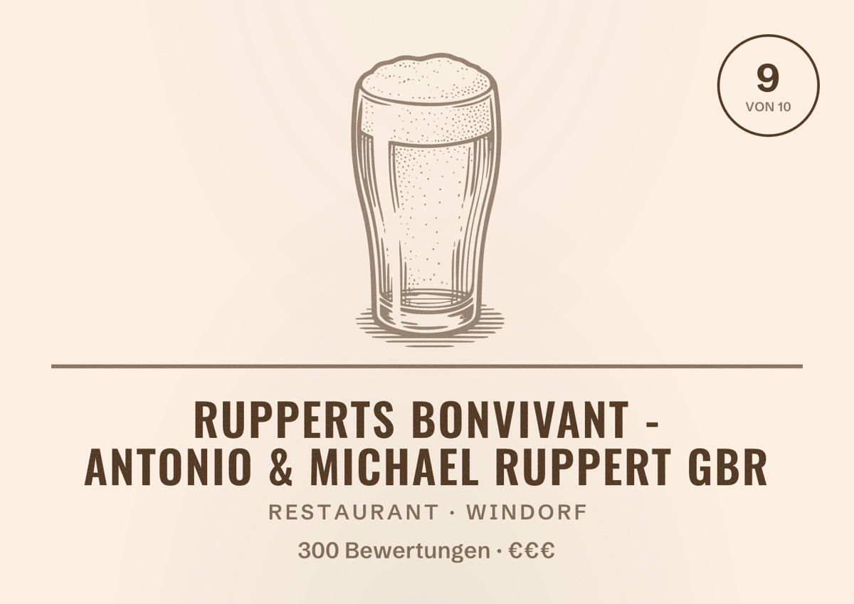 Illustriertes Poster von Rupperts Bonvivant - Antonio & Michael Ruppert Gbr, Restaurant in Windorf: Bewertung 9 von 10 aus 300 Bewertungen, Preisniveau €€€