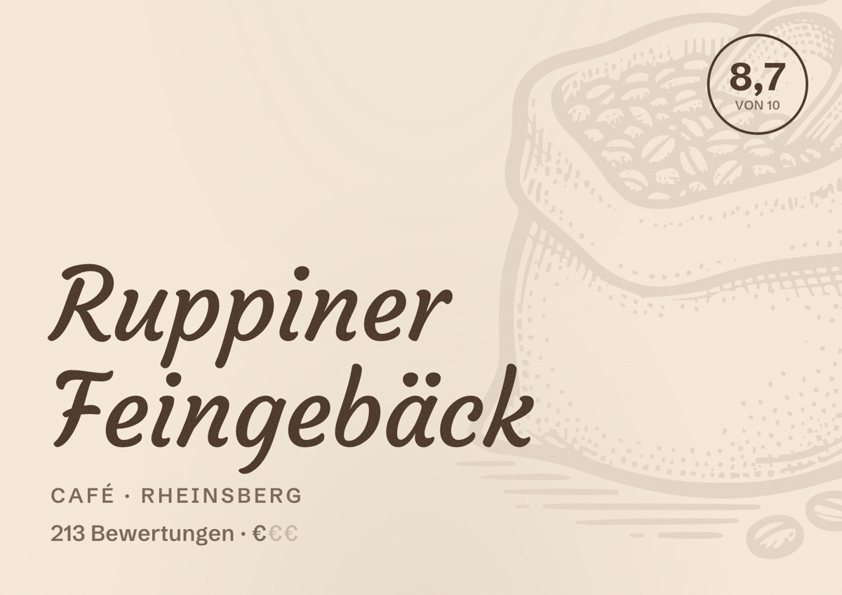 Illustriertes Poster von Ruppiner Feingebäck, Café in Rheinsberg: Bewertung 8,7 von 10 aus 213 Bewertungen, Preisniveau €