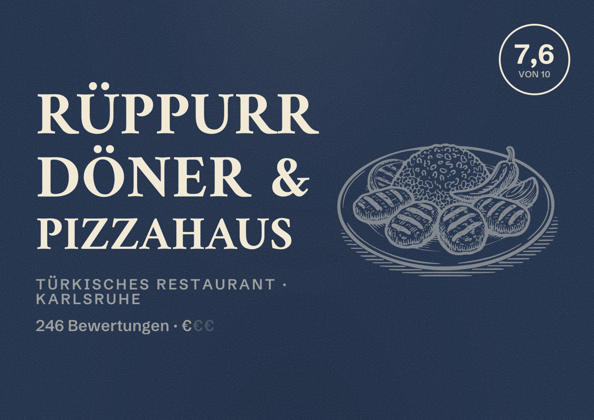 Illustriertes Poster von Rüppurr Döner & Pizzahaus, Türkisches Restaurant in Karlsruhe: Bewertung 7,6 von 10 aus 246 Bewertungen, Preisniveau €