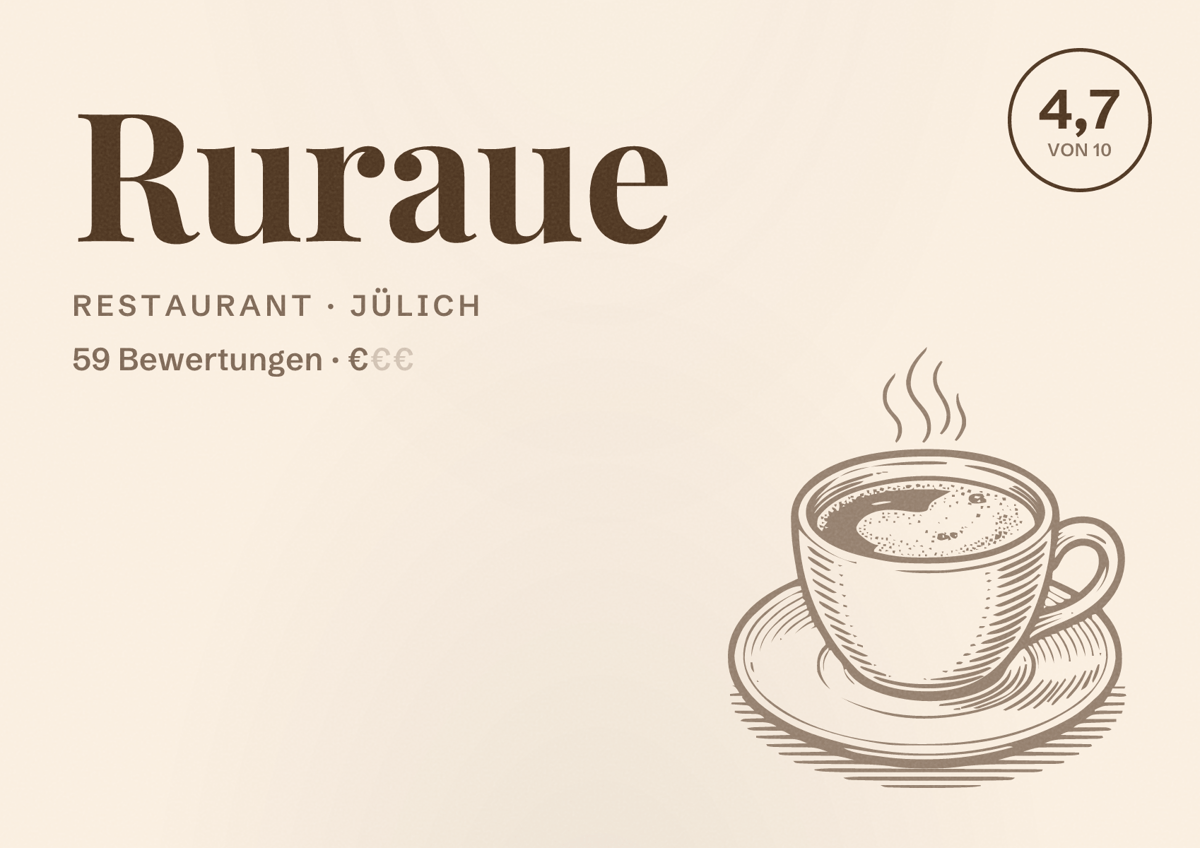 Illustriertes Poster von Ruraue, Restaurant in Jülich: Bewertung 4,7 von 10 aus 59 Bewertungen, Preisniveau €