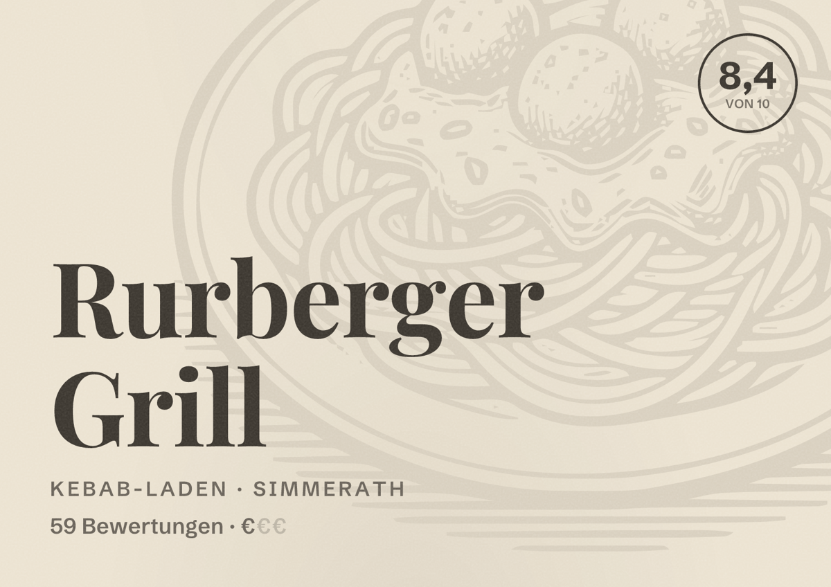 Illustriertes Poster von Rurberger Grill, Kebab-Laden in Simmerath: Bewertung 8,4 von 10 aus 59 Bewertungen, Preisniveau €