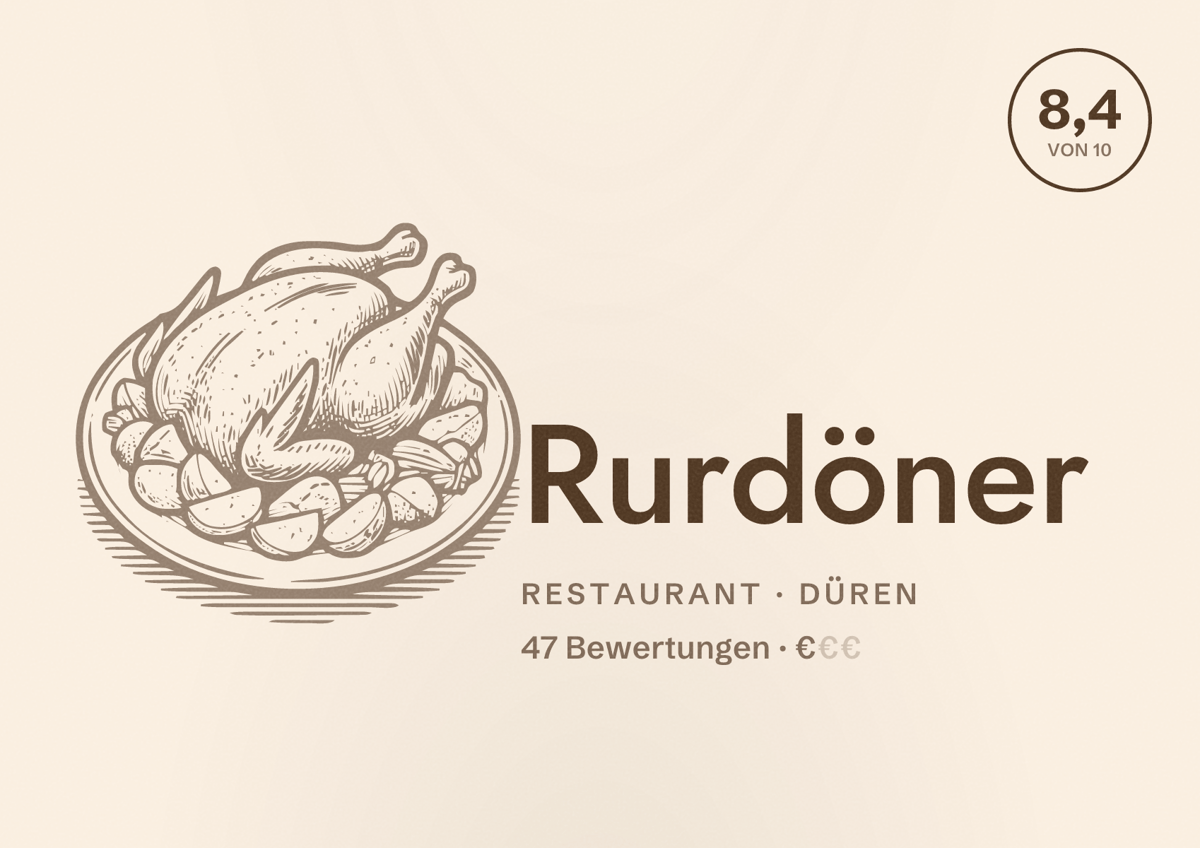 Illustriertes Poster von Rurdöner, Restaurant in Düren: Bewertung 8,4 von 10 aus 47 Bewertungen, Preisniveau €