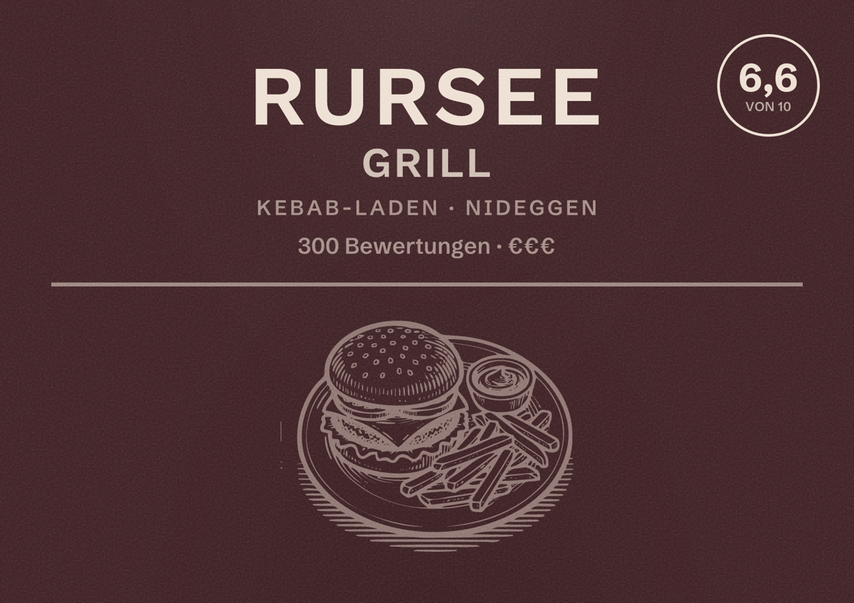 Illustriertes Poster von Rursee Grill, Kebab-Laden in Nideggen: Bewertung 6,6 von 10 aus 300 Bewertungen, Preisniveau €€€