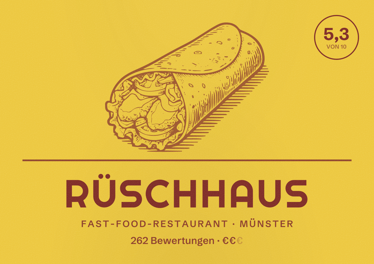 Illustriertes Poster von Rüschhaus, Fast-Food-Restaurant in Münster: Bewertung 5,3 von 10 aus 262 Bewertungen, Preisniveau €€