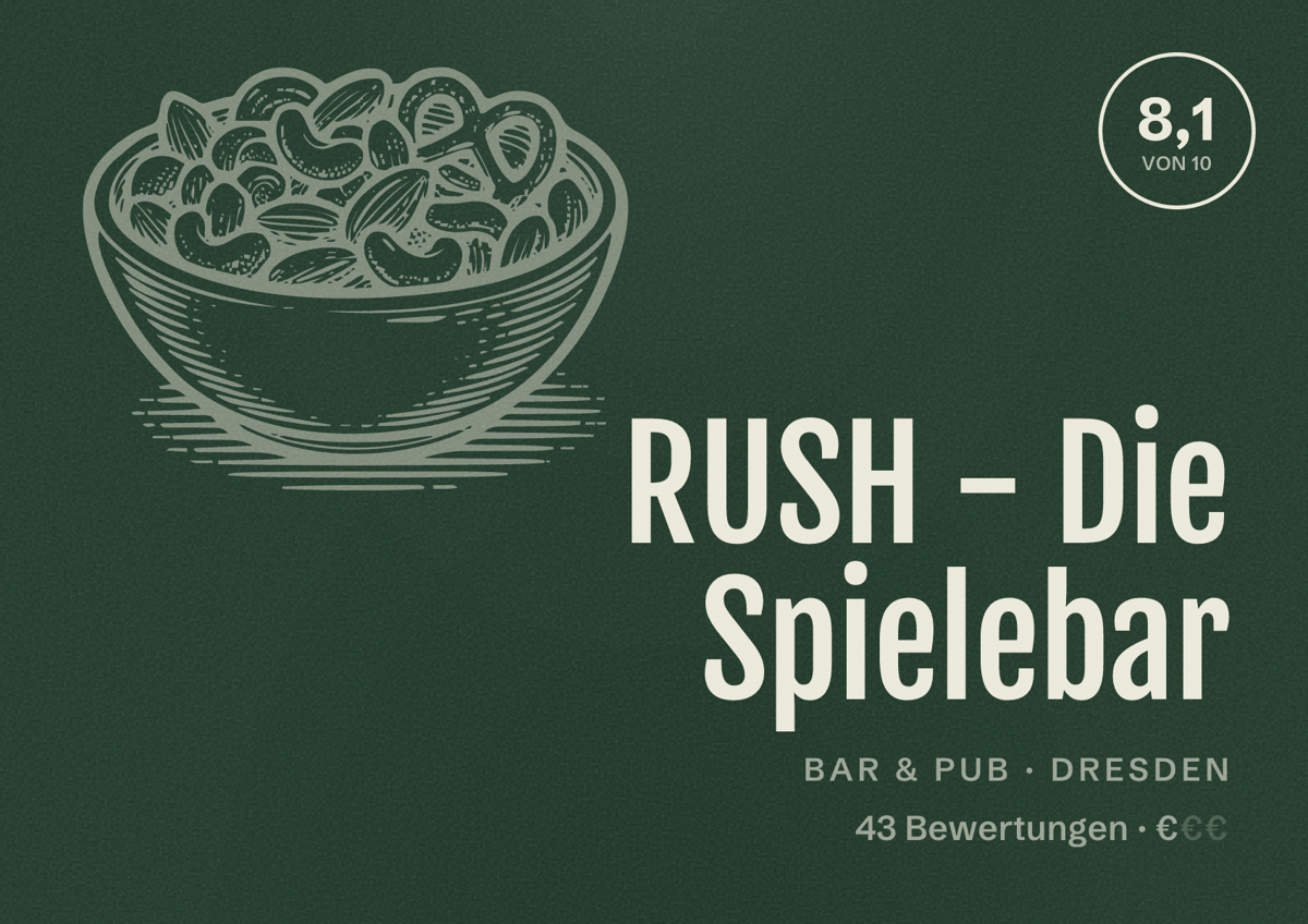 Illustriertes Poster von RUSH - Die Spielebar, Bar & Pub in Dresden: Bewertung 8,1 von 10 aus 43 Bewertungen, Preisniveau €