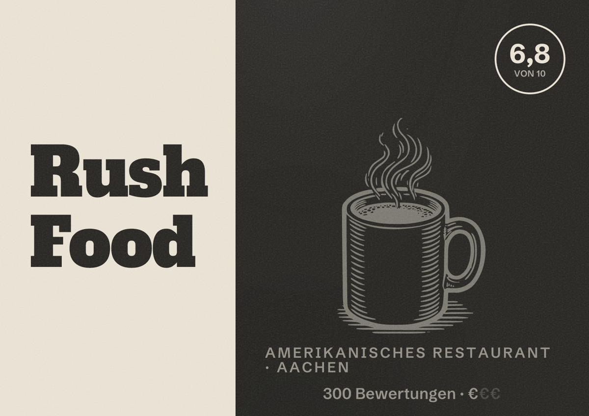 Illustriertes Poster von Rush Food, Amerikanisches Restaurant in Aachen: Bewertung 6,8 von 10 aus 300 Bewertungen, Preisniveau €