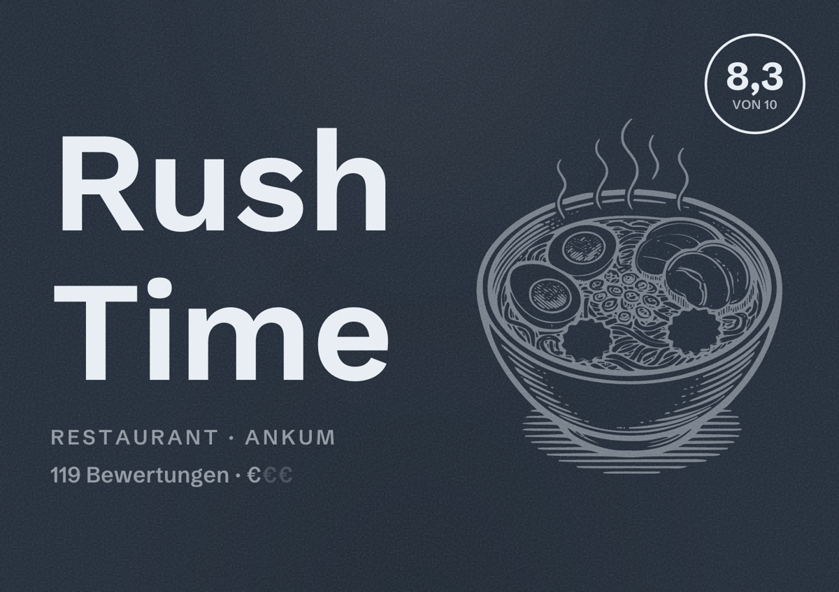 Illustriertes Poster von Rush Time, Restaurant in Ankum: Bewertung 8,3 von 10 aus 119 Bewertungen, Preisniveau €