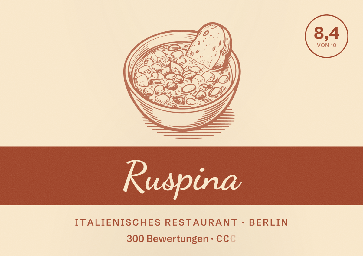 Illustriertes Poster von Ruspina, Italienisches Restaurant in Berlin: Bewertung 8,4 von 10 aus 300 Bewertungen, Preisniveau €€