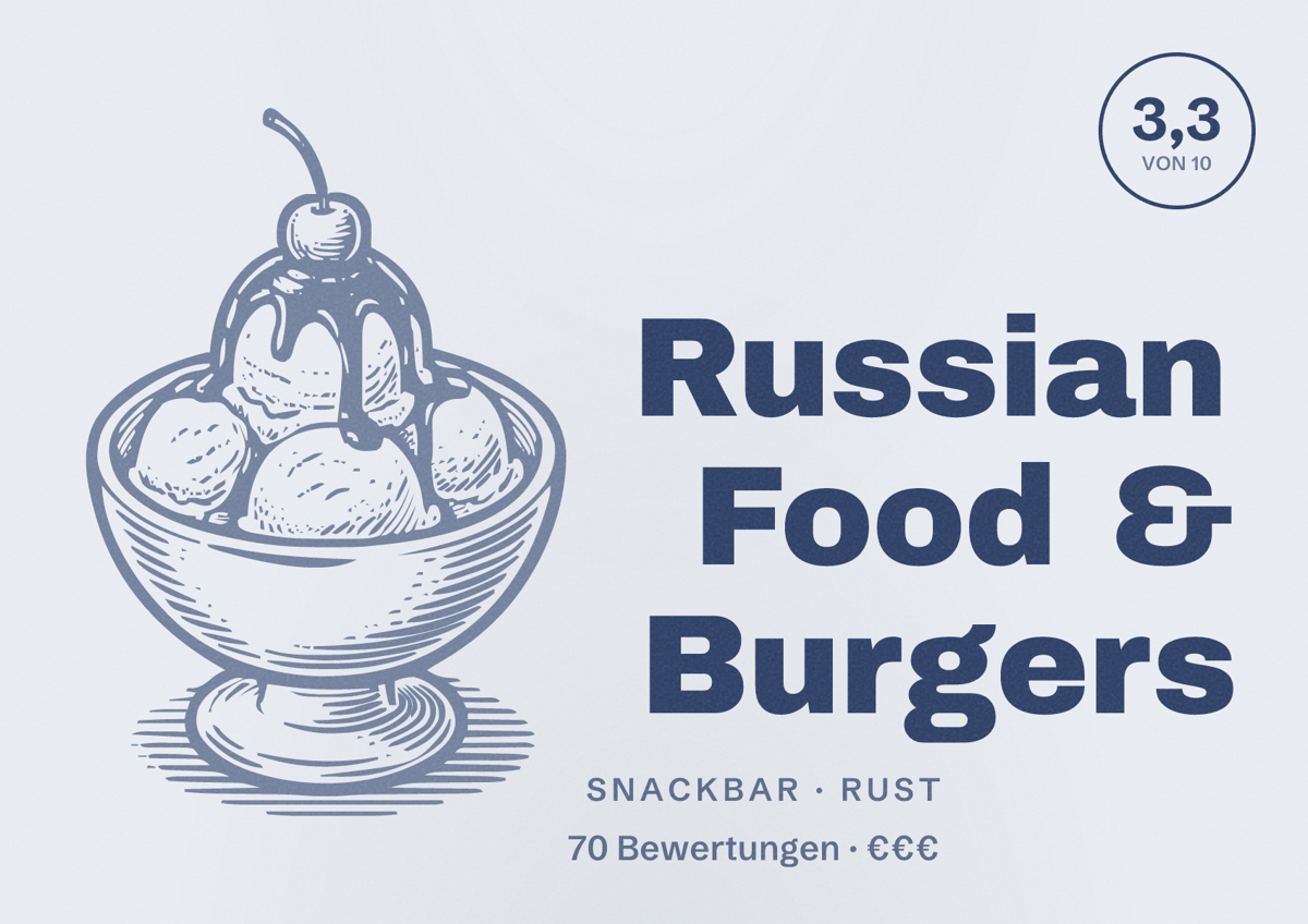 Illustriertes Poster von Russian Food & Burgers, Snackbar in Rust: Bewertung 3,3 von 10 aus 70 Bewertungen, Preisniveau €€€