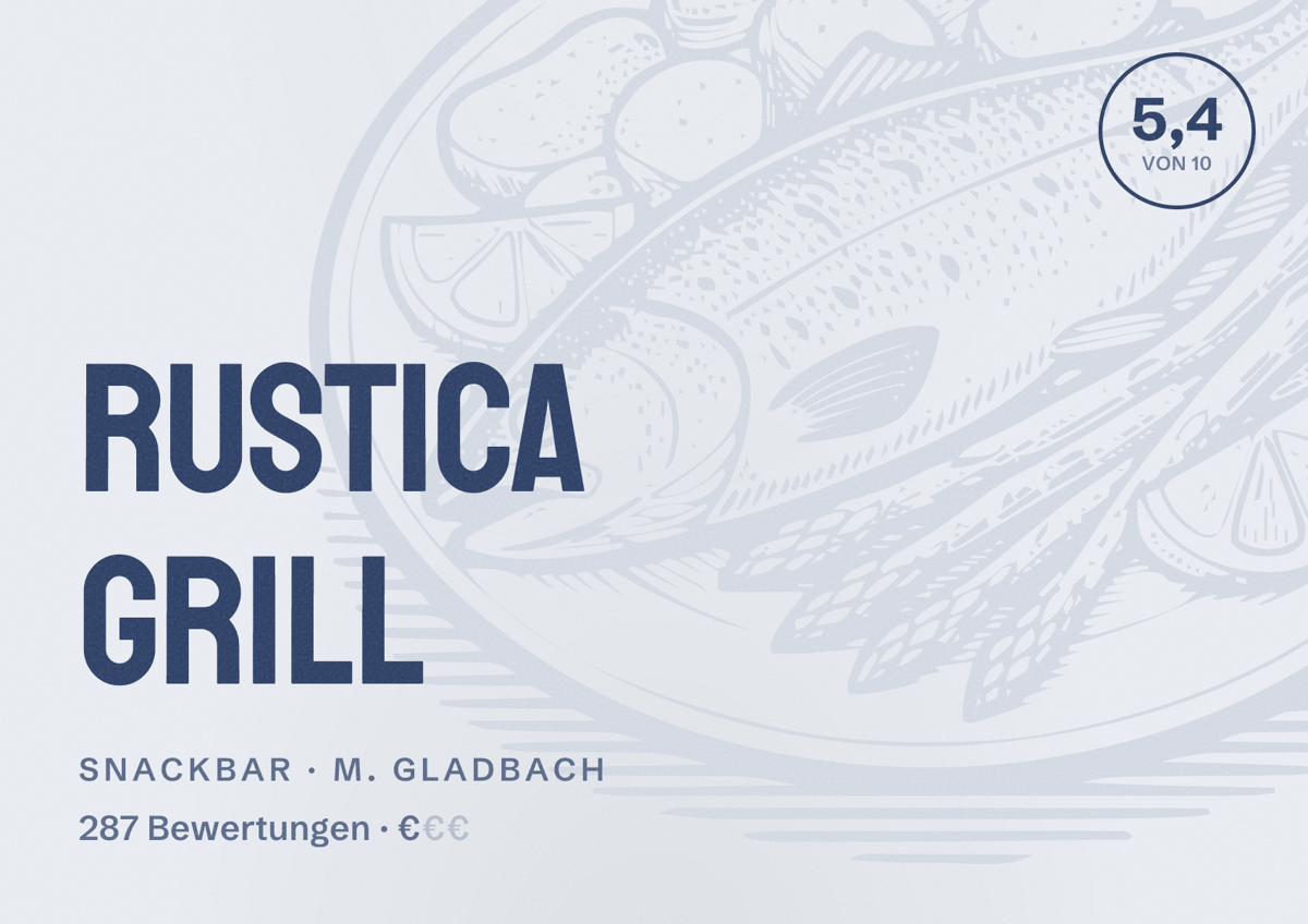 Illustriertes Poster von Rustica Grill, Snackbar in M. Gladbach: Bewertung 5,4 von 10 aus 287 Bewertungen, Preisniveau €