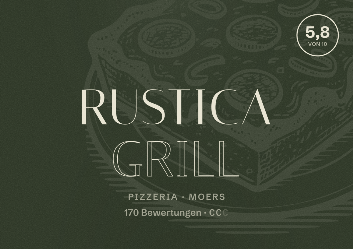 Illustriertes Poster von Rustica Grill, Pizzeria in Moers: Bewertung 5,8 von 10 aus 170 Bewertungen, Preisniveau €€