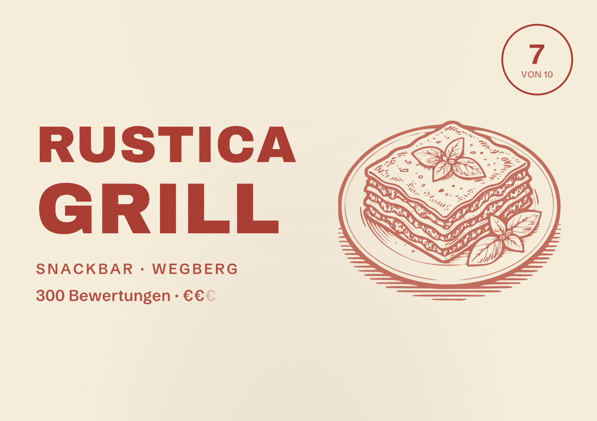 Illustriertes Poster von Rustica Grill, Snackbar in Wegberg: Bewertung 7 von 10 aus 300 Bewertungen, Preisniveau €€