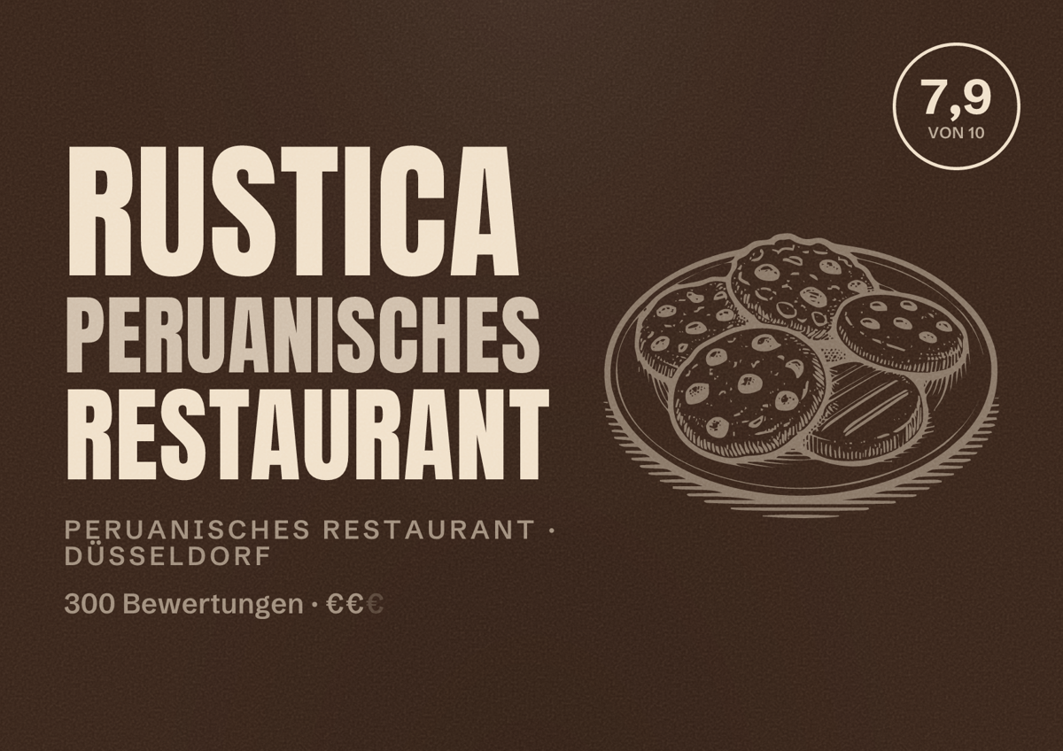 Illustriertes Poster von Rustica Peruanisches Restaurant, Peruanisches Restaurant in Düsseldorf: Bewertung 7,9 von 10 aus 300 Bewertungen, Preisniveau €€