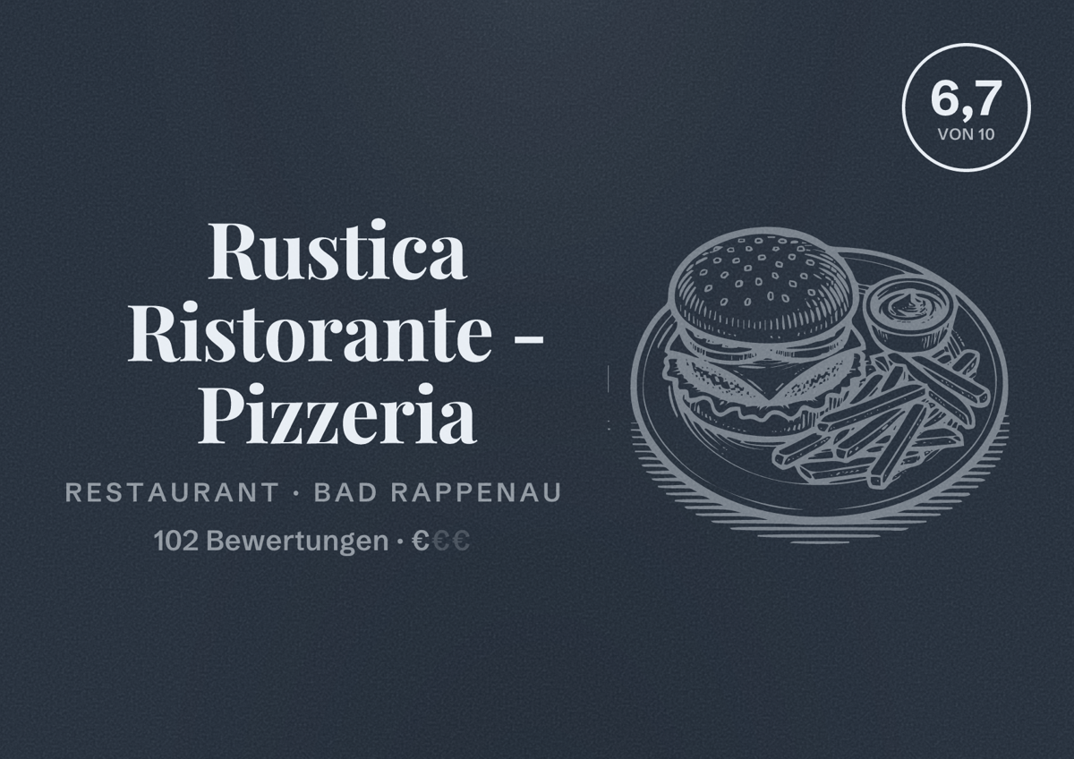 Illustriertes Poster von Rustica Ristorante - Pizzeria, Restaurant in Bad Rappenau: Bewertung 6,7 von 10 aus 102 Bewertungen, Preisniveau €