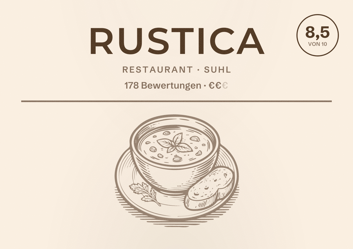 Illustriertes Poster von Rustica, Restaurant in Suhl: Bewertung 8,5 von 10 aus 178 Bewertungen, Preisniveau €€