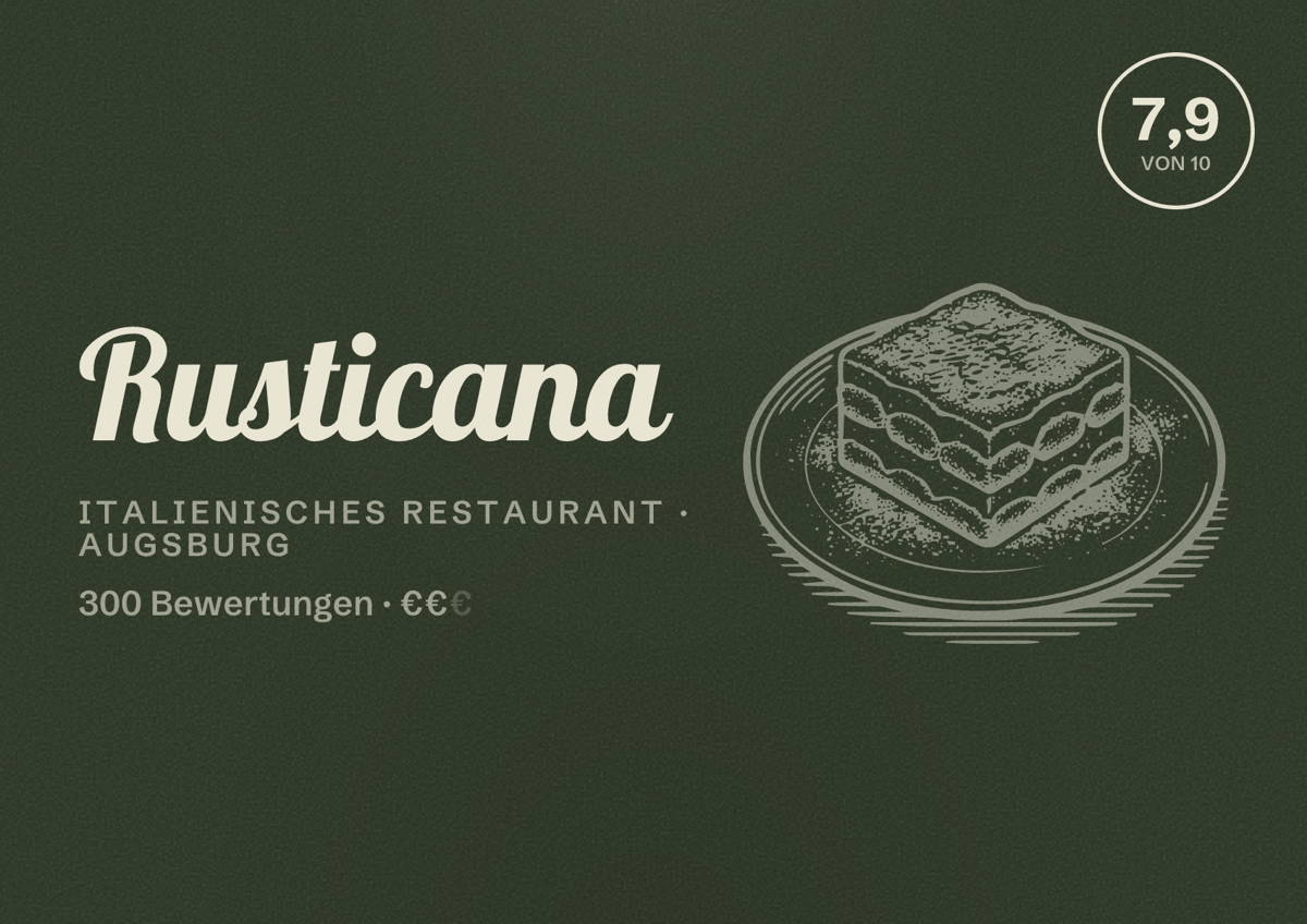 Illustriertes Poster von Rusticana, Italienisches Restaurant in Augsburg: Bewertung 7,9 von 10 aus 300 Bewertungen, Preisniveau €€