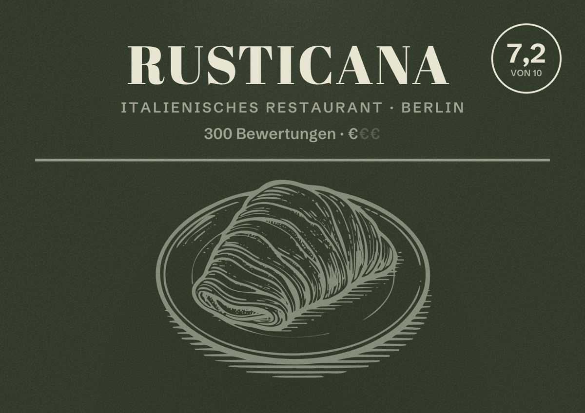 Illustriertes Poster von Rusticana, Italienisches Restaurant in Berlin: Bewertung 7,2 von 10 aus 300 Bewertungen, Preisniveau €