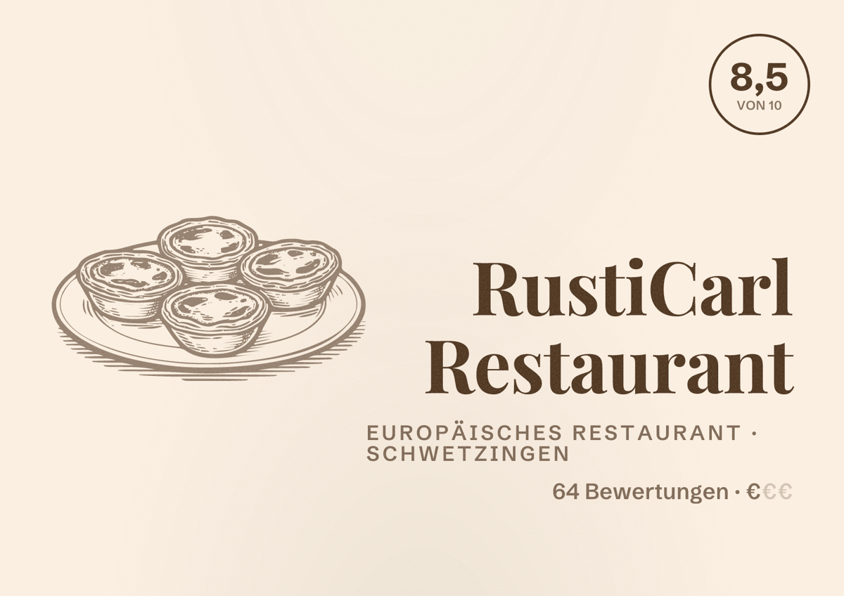 Illustriertes Poster von RustiCarl Restaurant, Europäisches Restaurant in Schwetzingen: Bewertung 8,5 von 10 aus 64 Bewertungen, Preisniveau €