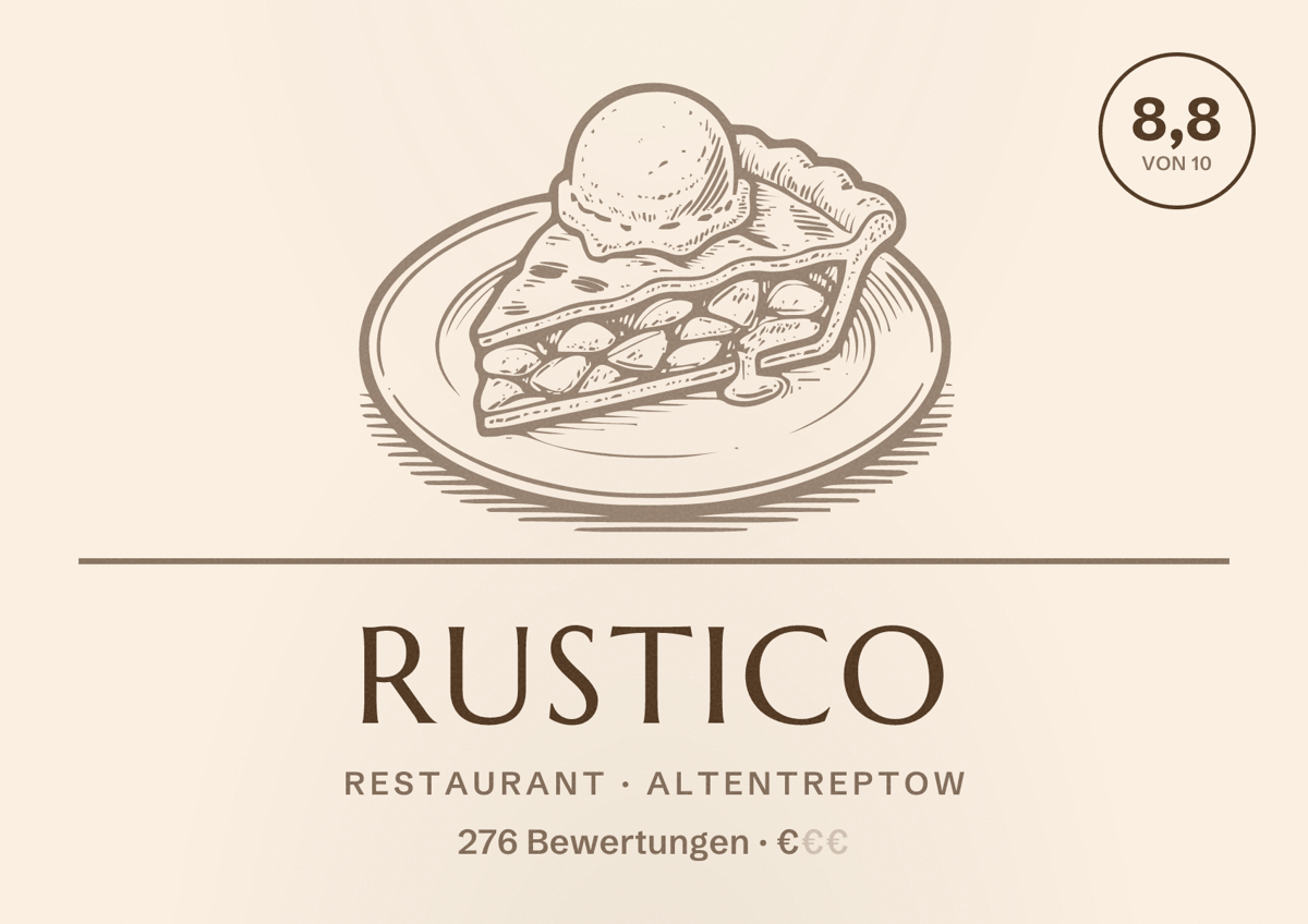 Illustriertes Poster von Rustico, Restaurant in Altentreptow: Bewertung 8,8 von 10 aus 276 Bewertungen, Preisniveau €