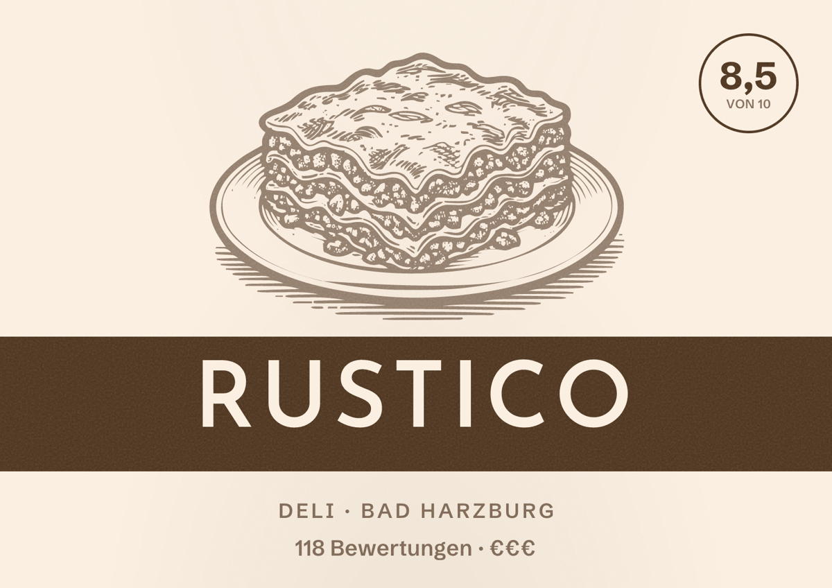 Illustriertes Poster von Rustico, Deli in Bad Harzburg: Bewertung 8,5 von 10 aus 118 Bewertungen, Preisniveau €€€