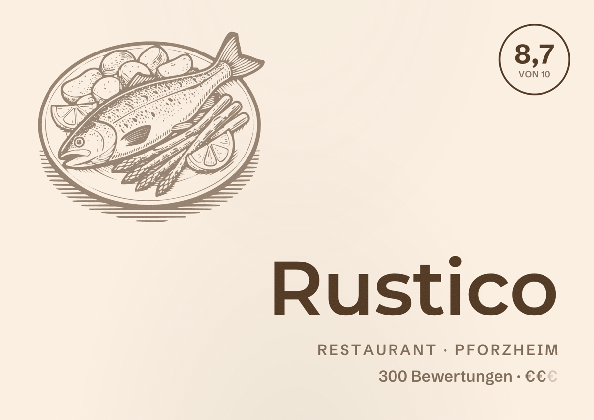 Illustriertes Poster von Rustico, Restaurant in Pforzheim: Bewertung 8,7 von 10 aus 300 Bewertungen, Preisniveau €€
