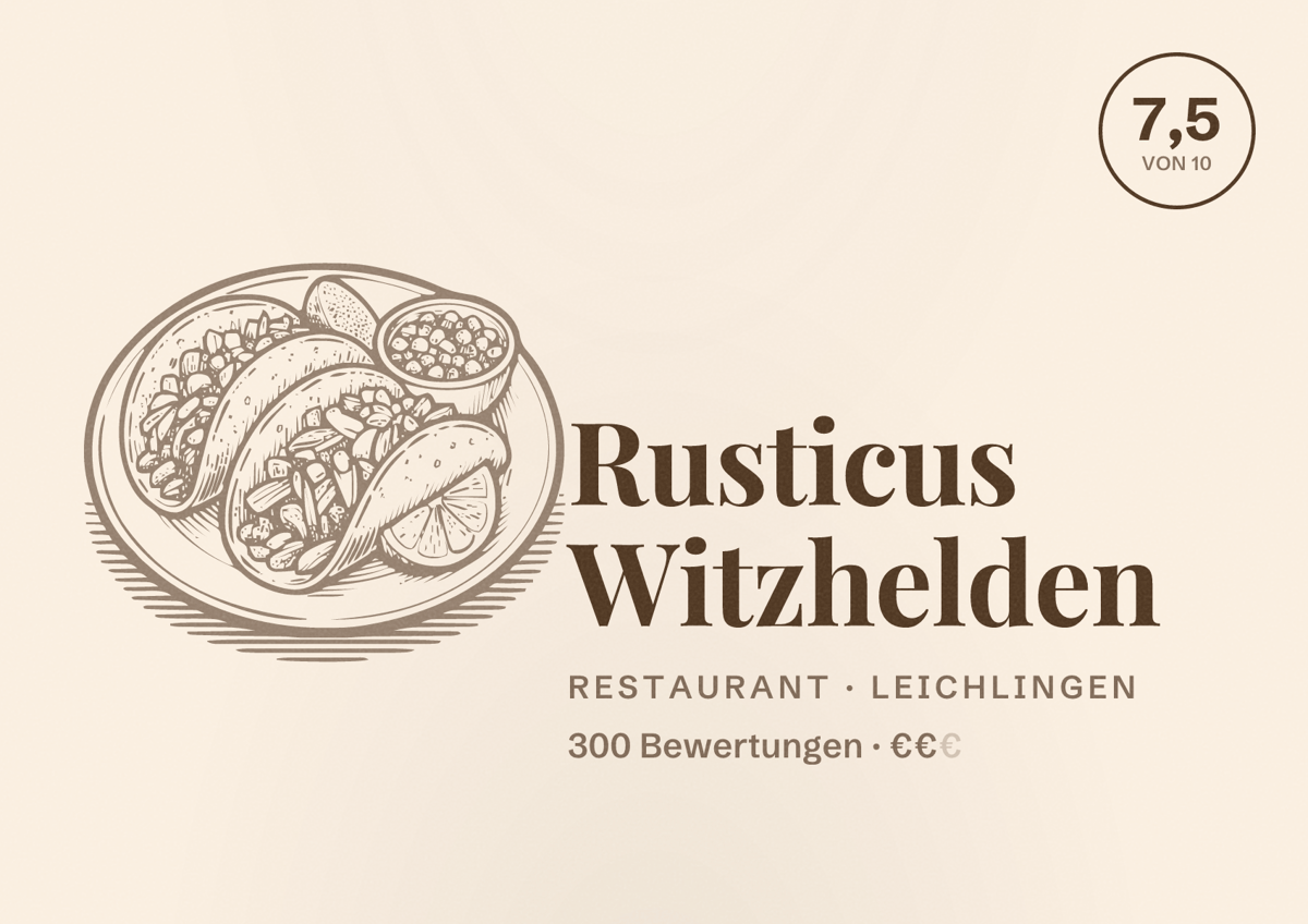 Illustriertes Poster von Rusticus Witzhelden, Restaurant in Leichlingen: Bewertung 7,5 von 10 aus 300 Bewertungen, Preisniveau €€