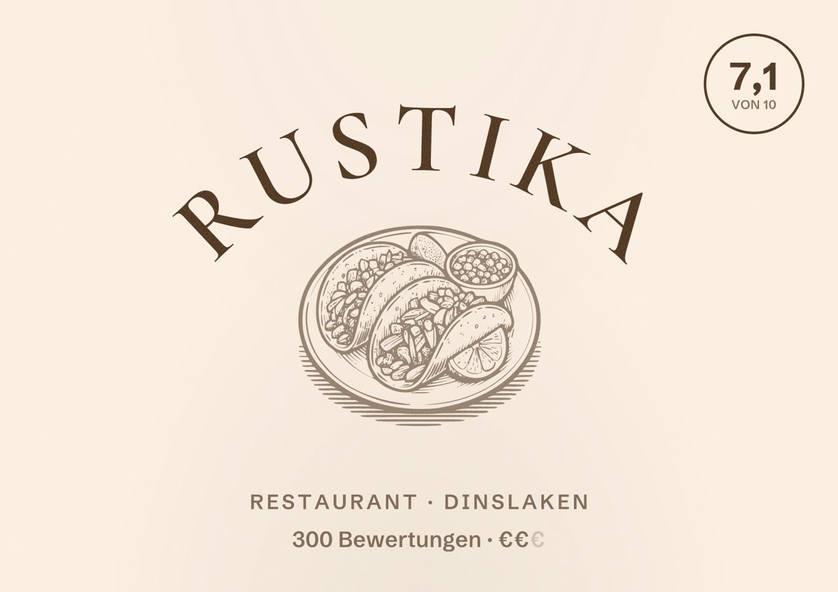 Illustriertes Poster von Rustika, Restaurant in Dinslaken: Bewertung 7,1 von 10 aus 300 Bewertungen, Preisniveau €€