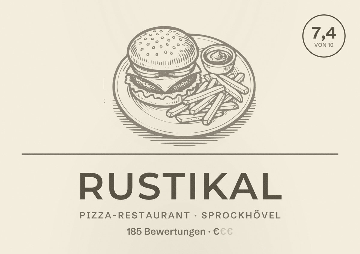 Illustriertes Poster von Rustikal, Pizza-Restaurant in Sprockhövel: Bewertung 7,4 von 10 aus 185 Bewertungen, Preisniveau €
