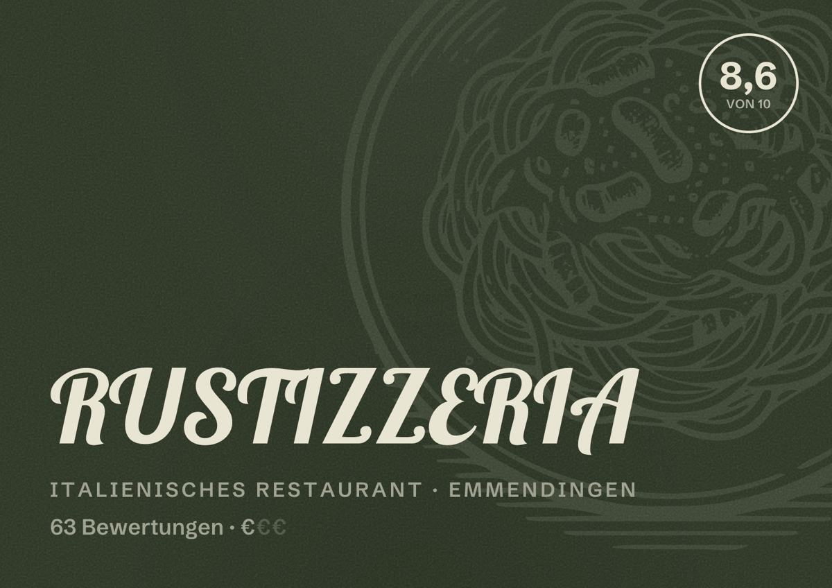 Illustriertes Poster von RUSTIZZERIA, Italienisches Restaurant in Emmendingen: Bewertung 8,6 von 10 aus 63 Bewertungen, Preisniveau €