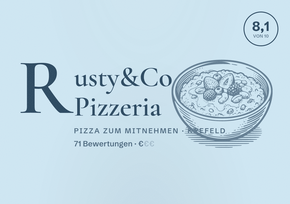Illustriertes Poster von Rusty&Co Pizzeria, Pizza zum Mitnehmen in Krefeld: Bewertung 8,1 von 10 aus 71 Bewertungen, Preisniveau €