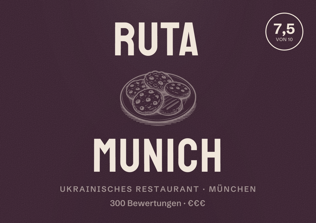 Illustriertes Poster von Ruta Munich, Ukrainisches Restaurant in München: Bewertung 7,5 von 10 aus 300 Bewertungen, Preisniveau €€€