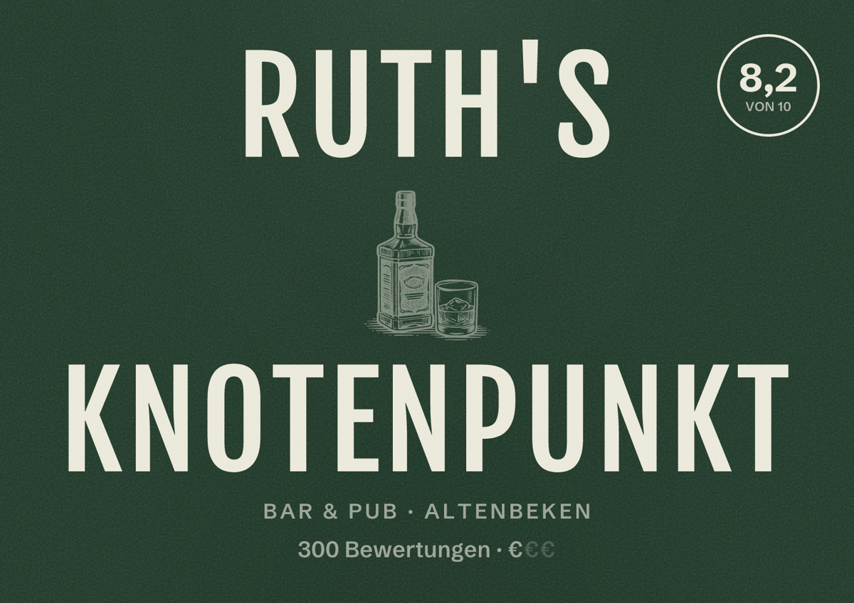 Illustriertes Poster von Ruth's Knotenpunkt, Bar & Pub in Altenbeken: Bewertung 8,2 von 10 aus 300 Bewertungen, Preisniveau €