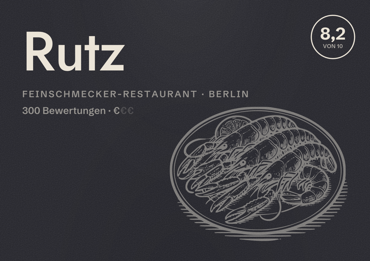 Illustriertes Poster von Rutz, Feinschmecker-Restaurant in Berlin: Bewertung 8,2 von 10 aus 300 Bewertungen, Preisniveau €