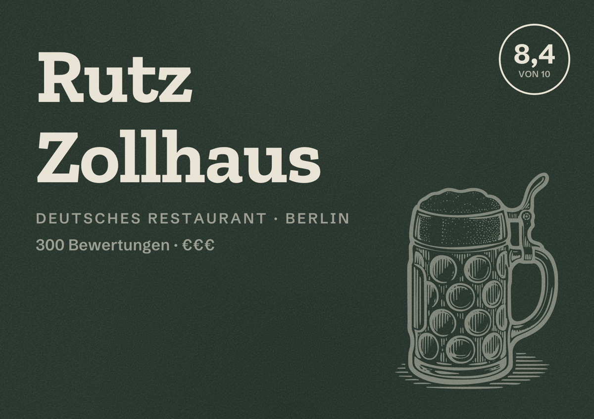 Illustriertes Poster von Rutz Zollhaus, Deutsches Restaurant in Berlin: Bewertung 8,4 von 10 aus 300 Bewertungen, Preisniveau €€€