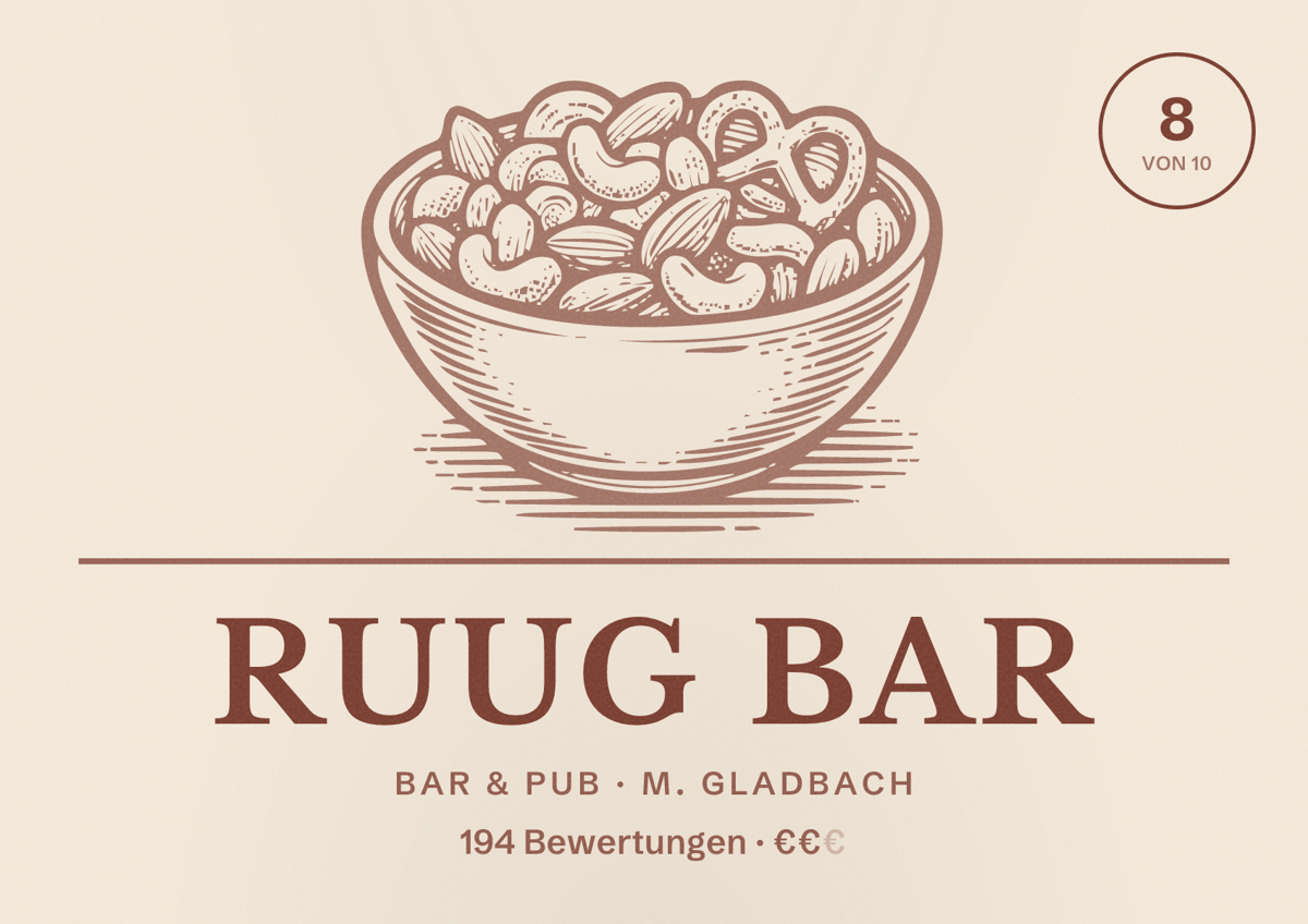 Illustriertes Poster von RUUG BAR, Bar & Pub in M. Gladbach: Bewertung 8 von 10 aus 194 Bewertungen, Preisniveau €€
