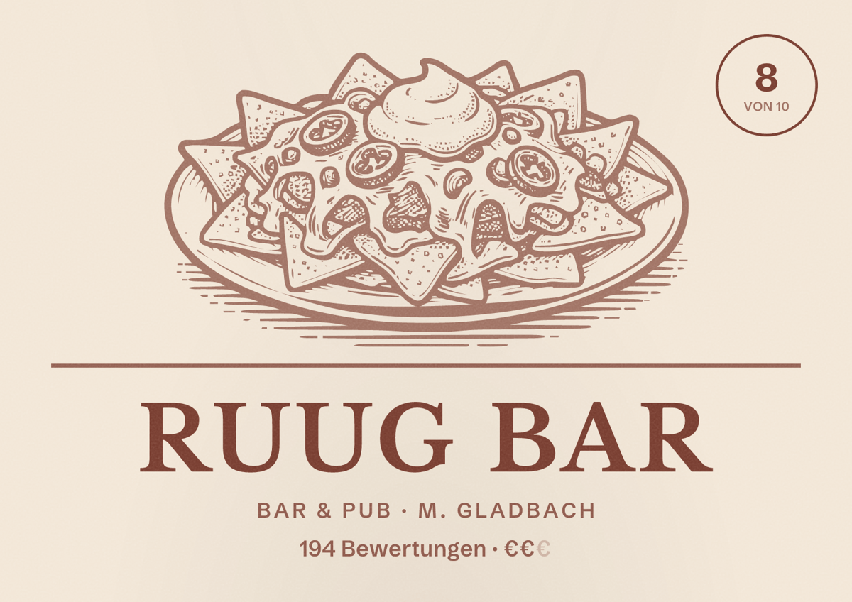Illustriertes Poster von RUUG BAR, Bar & Pub in M. Gladbach: Bewertung 8 von 10 aus 194 Bewertungen, Preisniveau €€