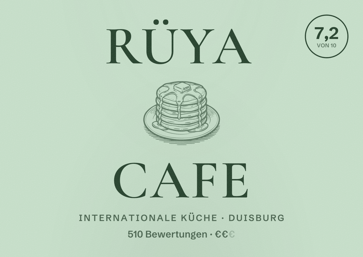 Illustriertes Poster von Rüya Cafe, Internationale Küche in Duisburg: Bewertung 7,2 von 10 aus 510 Bewertungen, Preisniveau €€