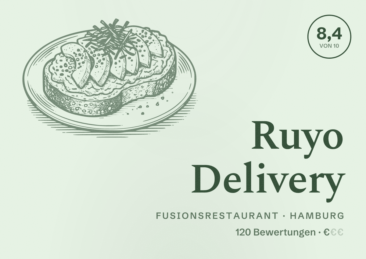 Illustriertes Poster von Ruyo Delivery, Fusionsrestaurant in Hamburg: Bewertung 8,4 von 10 aus 120 Bewertungen, Preisniveau €