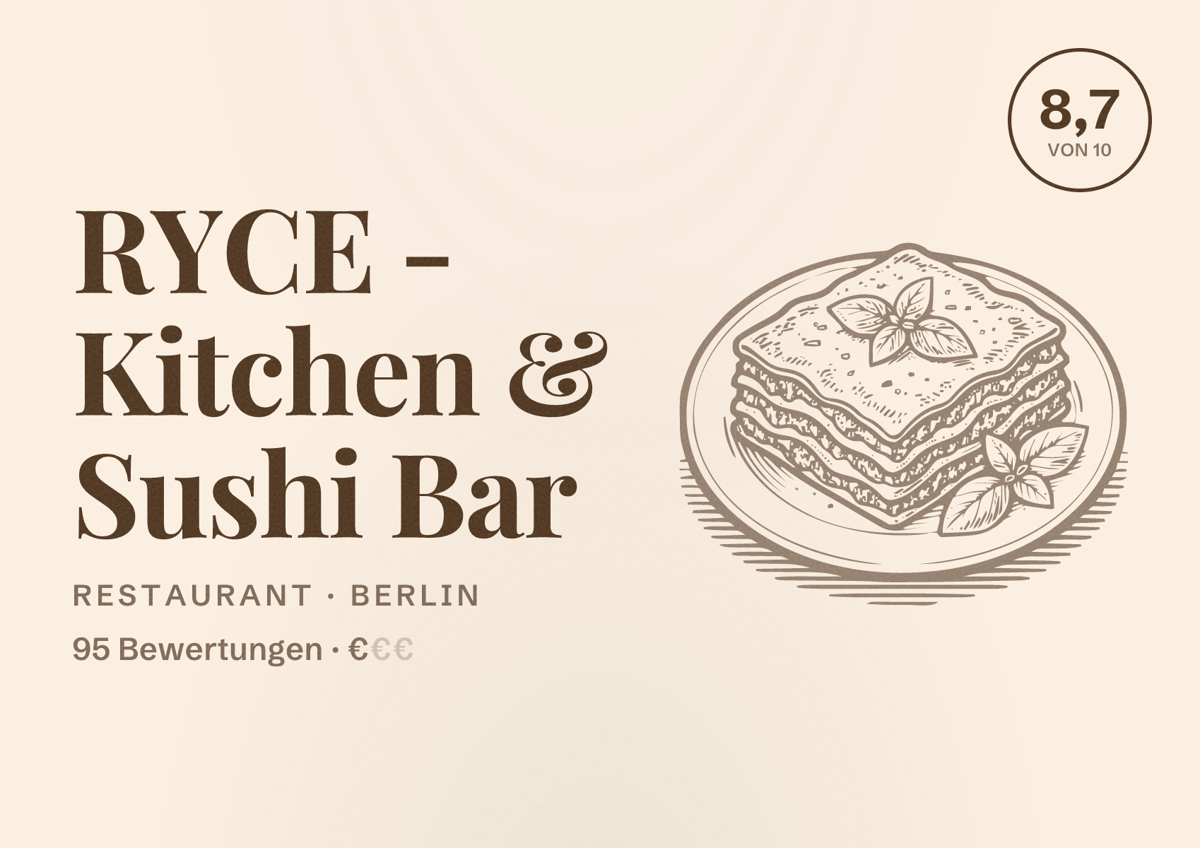Illustriertes Poster von RYCE - Kitchen & Sushi Bar, Restaurant in Berlin: Bewertung 8,7 von 10 aus 95 Bewertungen, Preisniveau €