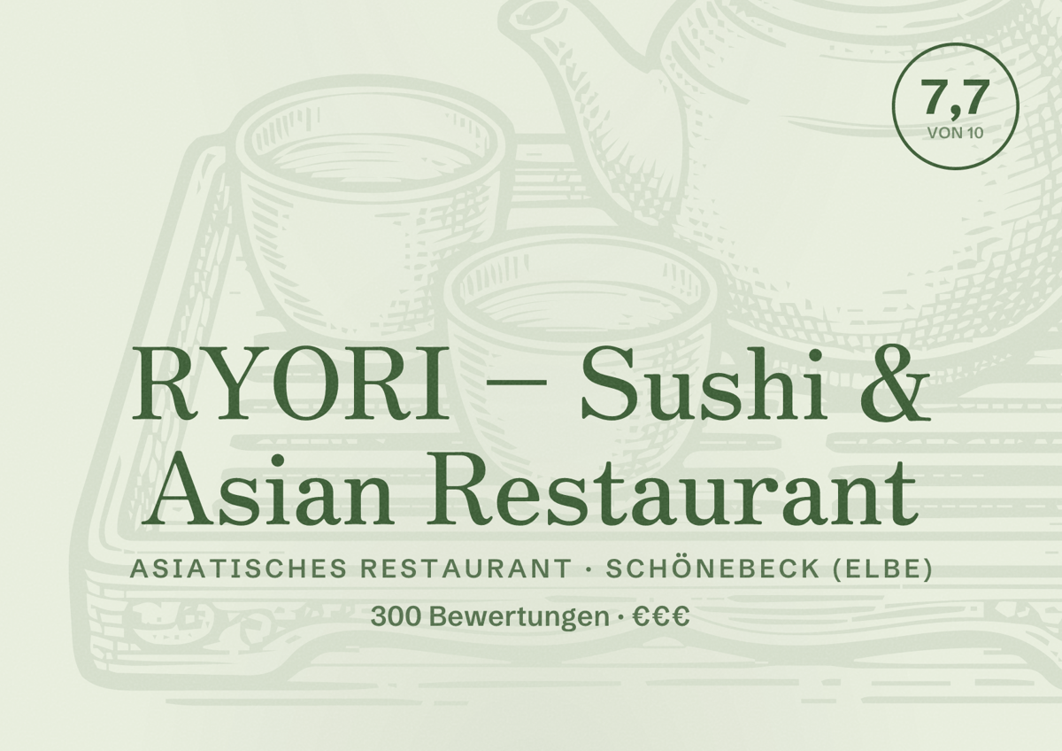 Illustriertes Poster von RYORI – Sushi & Asian Restaurant, Asiatisches Restaurant in Schönebeck (Elbe): Bewertung 7,7 von 10 aus 300 Bewertungen, Preisniveau €€€